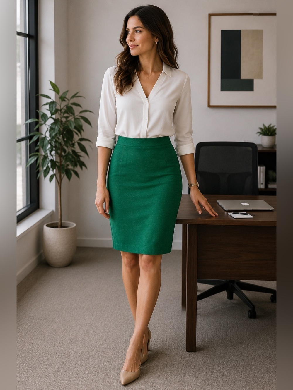 Classiques Entier Vibrant Textured Green Pencil Skirt Size 6 Office Work Summer